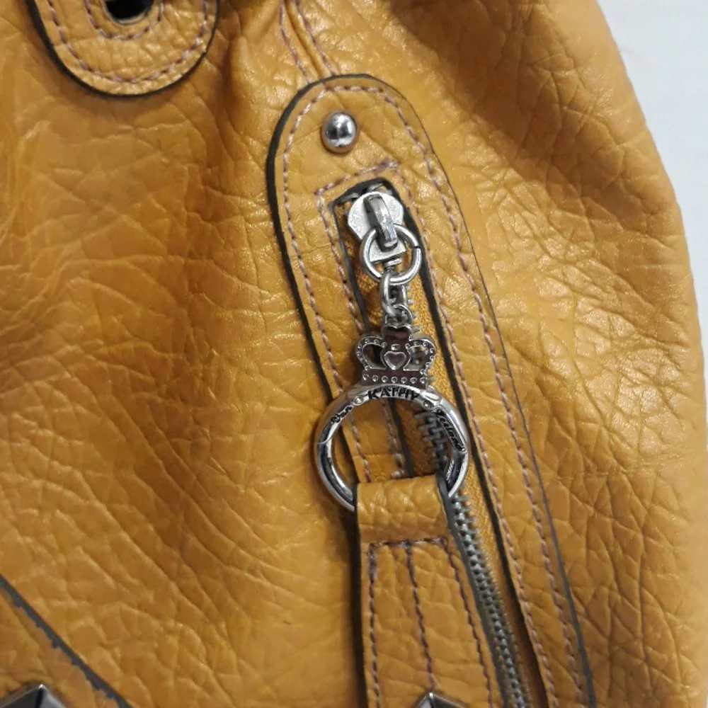Kathy Van Zeeland Metal Studded Drawstring Bucket Bag In Mustard Yellow *EUC* - Picture 5 of 11